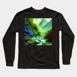 Digital painting of Mountains and River with blue Theme Long Sleeve T-Shirt